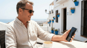 Expat using a private health insurance app to find doctors on the Costa del Sol.