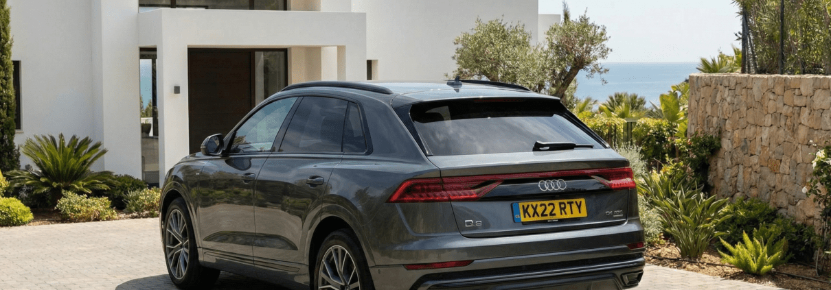 British car with UK number plates parked at a villa in Marbella.
