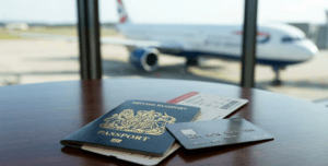 Passport and boarding pass on a lounge table representing annual multi-trip insurance for frequent flyers in Malaga.
