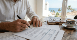 Expat professional signing a business liability insurance contract in Fuengirola.