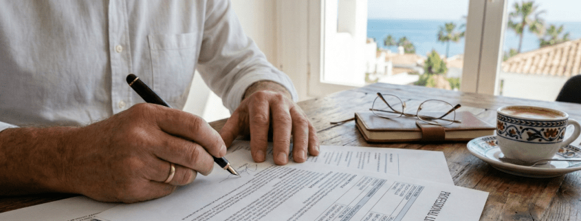 Expat professional signing a business liability insurance contract in Fuengirola.