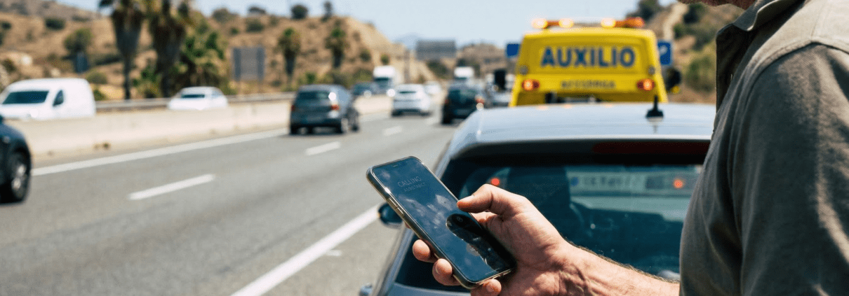 British expat calling for car breakdown assistance in Spain.