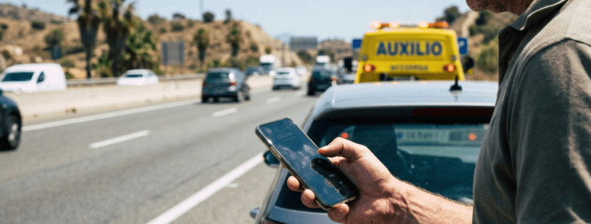 British expat calling for car breakdown assistance in Spain.