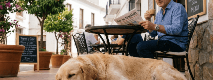 British expat relaxing with dog in Marbella knowing their liability is covered.
