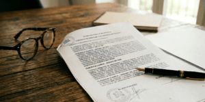 Spanish mortgage contract with life insurance clauses on a desk.