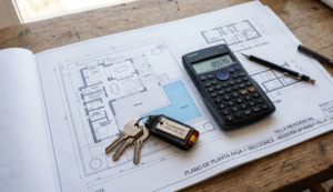 Architectural blueprints and calculator for Spanish home insurance valuation.