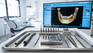 Modern dental implant tools and 3D jaw scan in a Spanish clinic.