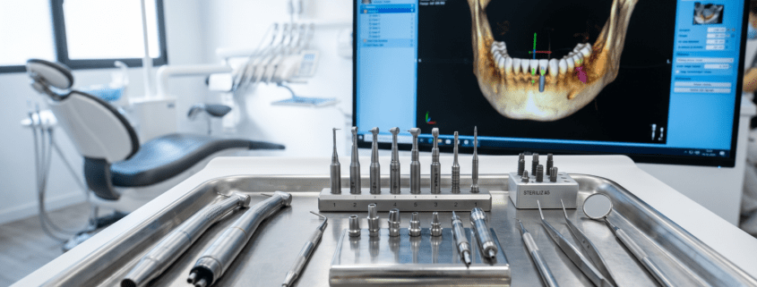 Modern dental implant tools and 3D jaw scan in a Spanish clinic.