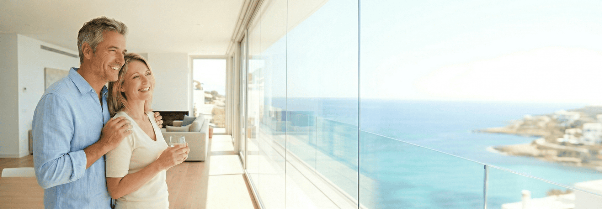 Mature expat couple enjoying a sunny home with sea views in the Costa del Sol, Spain
