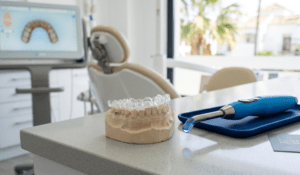 Clear orthodontic aligners and dental tools for expat treatment.