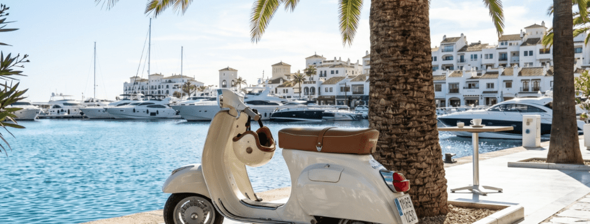 A classic Italian Vespa scooter parked neatly next to a palm tree on a sunny promenade.