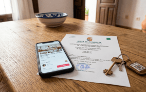 Andalusian tourist license document and keys for a Spanish holiday le