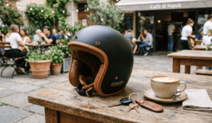 Motorcycle helmet and keys on a table in Spain