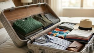 Packed luxury suitcase with annual travel insurance documents inside.