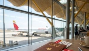Passport and boarding passes ready for an expat international trip from Spain.