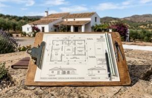 Architectural plans for rebuilding a Spanish casa after fire damage.