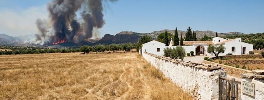 Dry vegetation near a white Spanish country house highlighting wildfire risk.