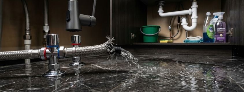 Tubería de agua rota inundando el suelo de mármol de un apartamento en Mijas.