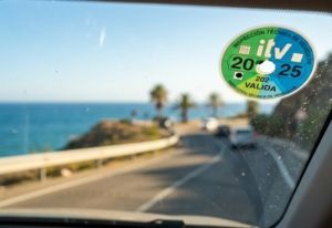 Spanish ITV sticker on a car windshield in Andalucia.