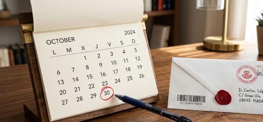 Calendario marcando el plazo legal para cancelar un seguro en España.