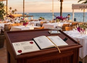 Documento de reclamación legal sobre el atril de reservas de un restaurante de lujo.