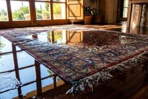 Alfombra de lujo arruinada por una inundación en un apartamento de la Costa del Sol.