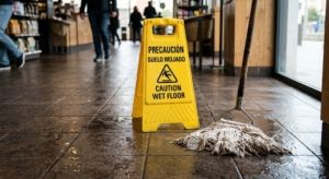 Cartel de suelo mojado advirtiendo de peligro en un negocio español.