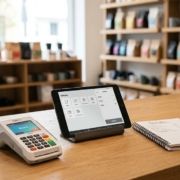 Mostrador de una tienda local en España con datáfono y tablet de ventas.