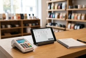 Mostrador de una tienda local en España con datáfono y tablet de ventas.