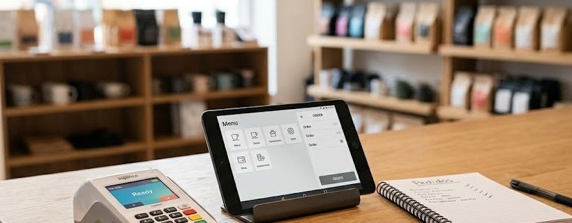 Mostrador de una tienda local en España con datáfono y tablet de ventas.