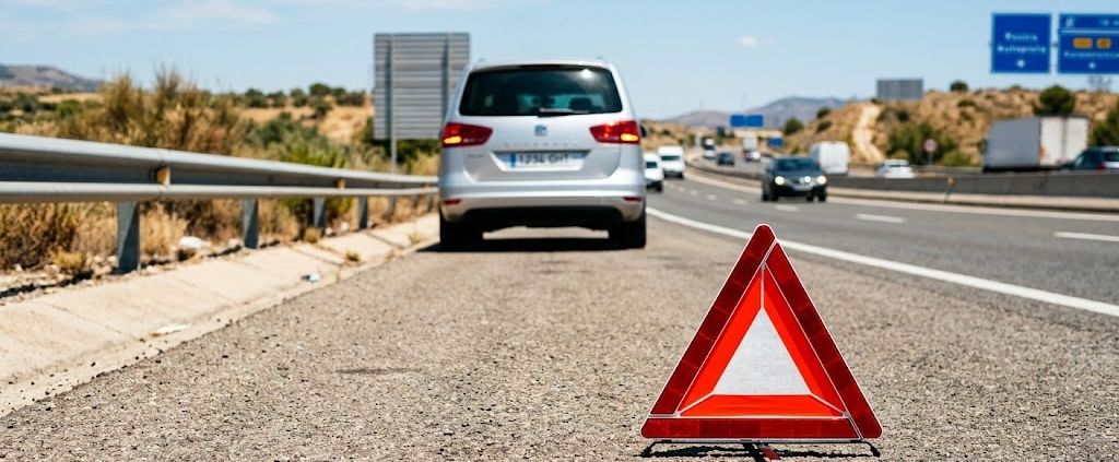 Triángulo de emergencia detrás de un coche familiar averiado en España.