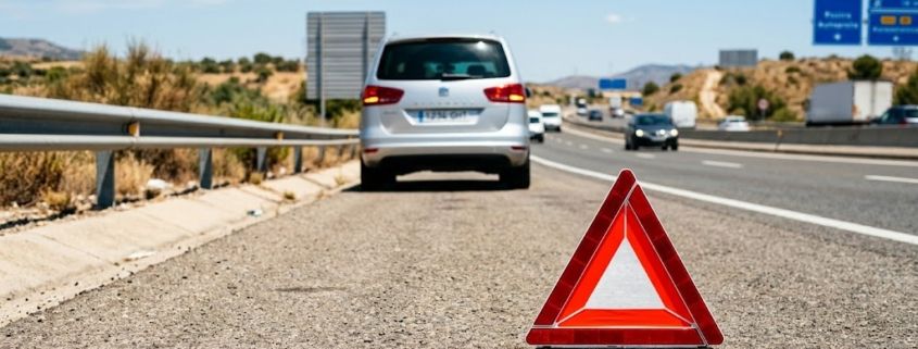 Triángulo de emergencia detrás de un coche familiar averiado en España.