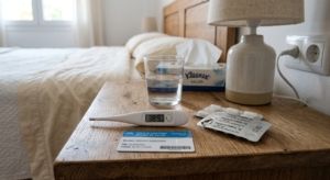 Private health insurance card next to a thermometer and medication in Spain.