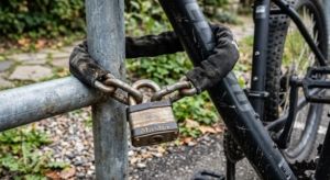 Heavy security chain locking a bicycle to a fence in Spain