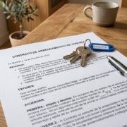 Spanish long-term rental contract and house keys on a wooden table