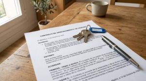 Spanish long-term rental contract and house keys on a wooden table