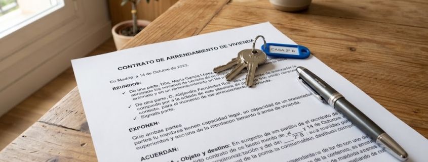 Spanish long-term rental contract and house keys on a wooden table