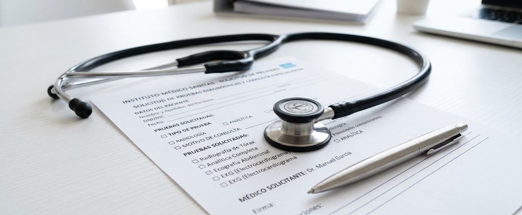 Medical stethoscope and health insurance application form on a desk.