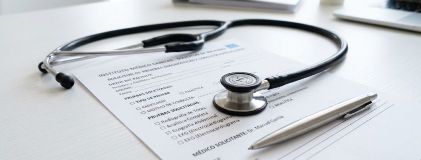 Medical stethoscope and health insurance application form on a desk.