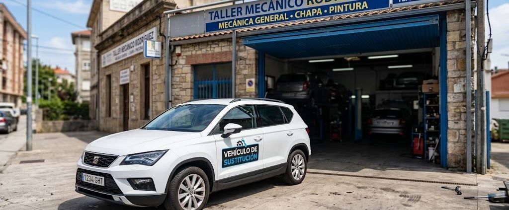 White courtesy car parked outside a local Spanish mechanic garage.