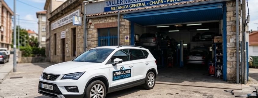 White courtesy car parked outside a local Spanish mechanic garage.