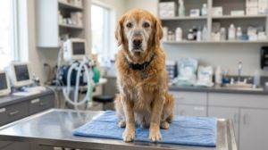 Senior dog sitting on a stainless steel examination table at a veterinary clinic in Spain.